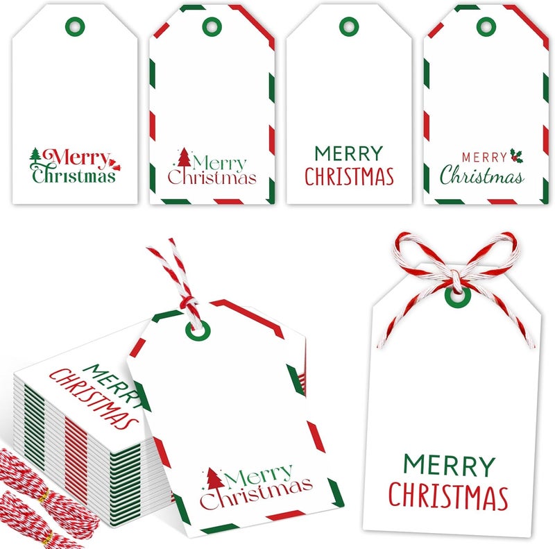 AuraRay Personalizing Christmas Gift Tags, 96 Pack Thick Cardstock Labels with 66ft Red & White String - Merry Christmas Name Tags Stickers Labels for Holiday Presents Gift, 2 x 3 Inch - 4 Designs - Image 1